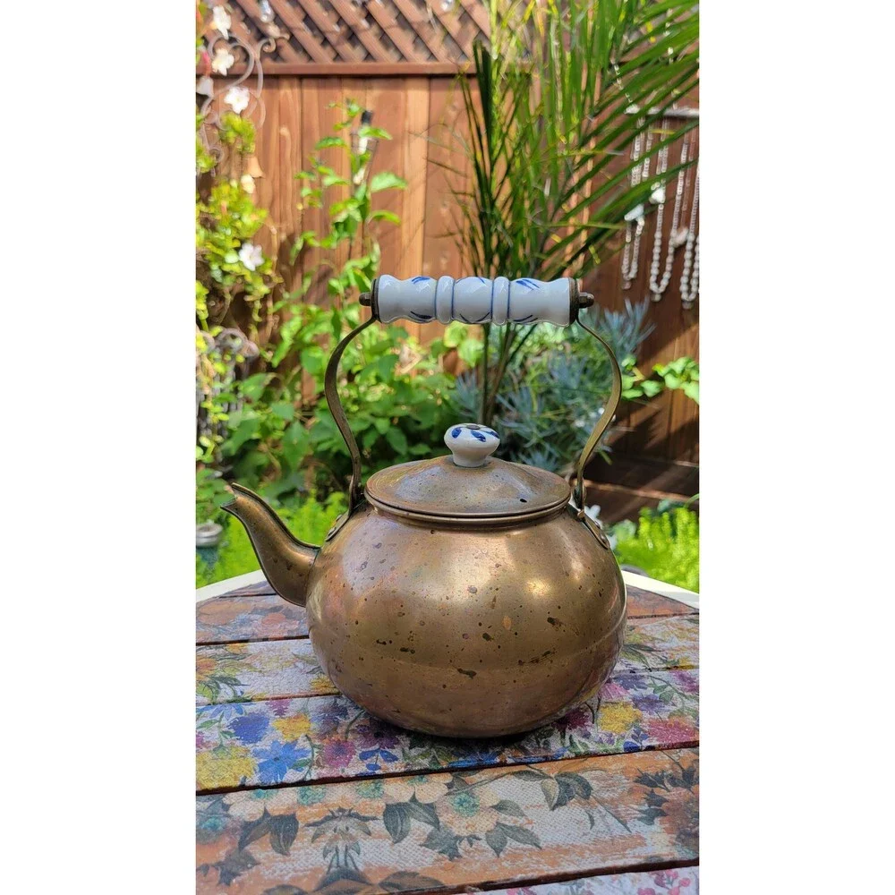 Copper Tea Kettle with Delft-Style Porcelain Handle - Farmhouse Kitchen Decor